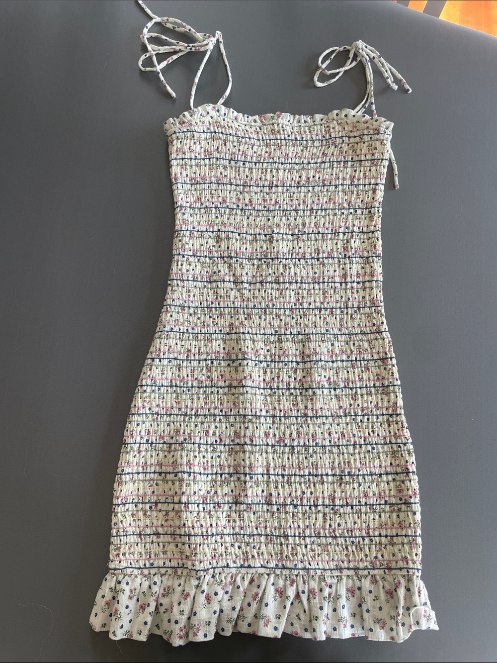 Storia Cream Smocked Floral Tie-Shoulder Mini Dress